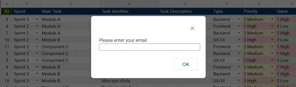 Menú SCRUM de la plantilla con la opción para cambiar el email del usuario